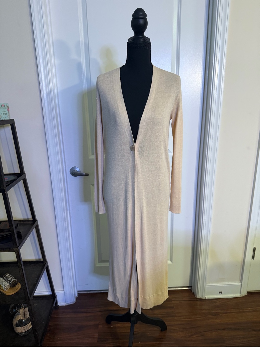 Magaschoni Long Cream Knit Open-Front Maxi Cardigan